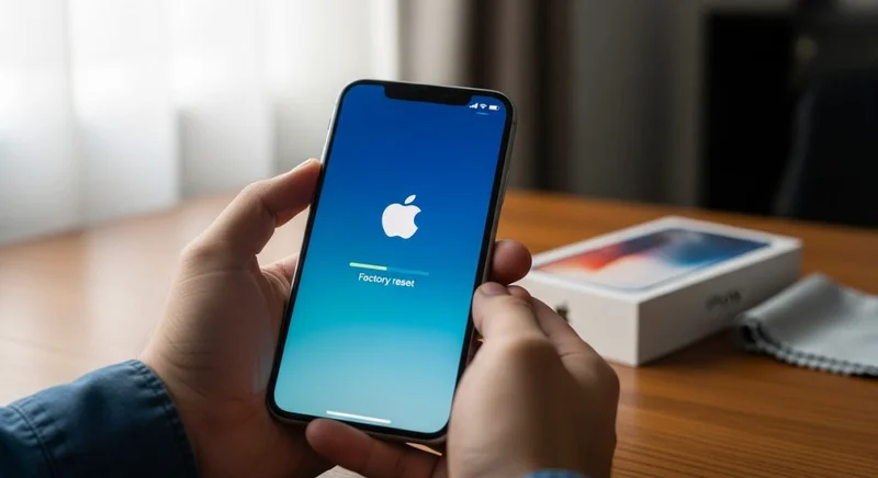 Manos sosteniendo iPhone con logo Apple y barra de progreso