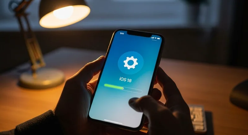 Manos sosteniendo iPhone mostrando actualización de software iOS 18