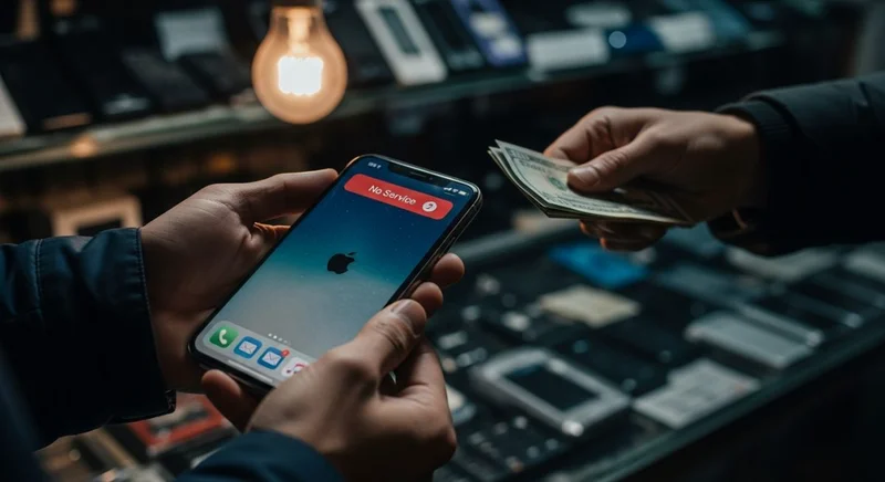 Manos sosteniendo iPhone mostrando pantalla con error y logo Apple