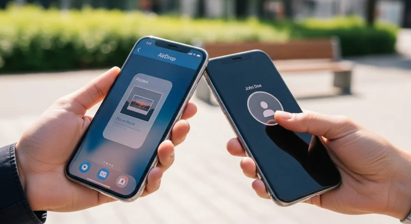 Manos sosteniendo iPhones realizando una transferencia de AirDrop