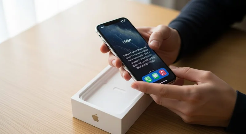 Manos sosteniendo nuevo iPhone con pantalla configuración