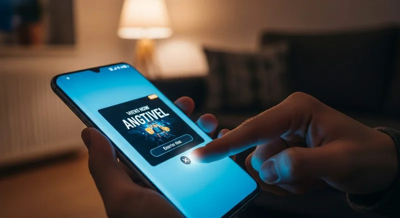 Manos sosteniendo Samsung con anuncio móvil brillante pantalla completa