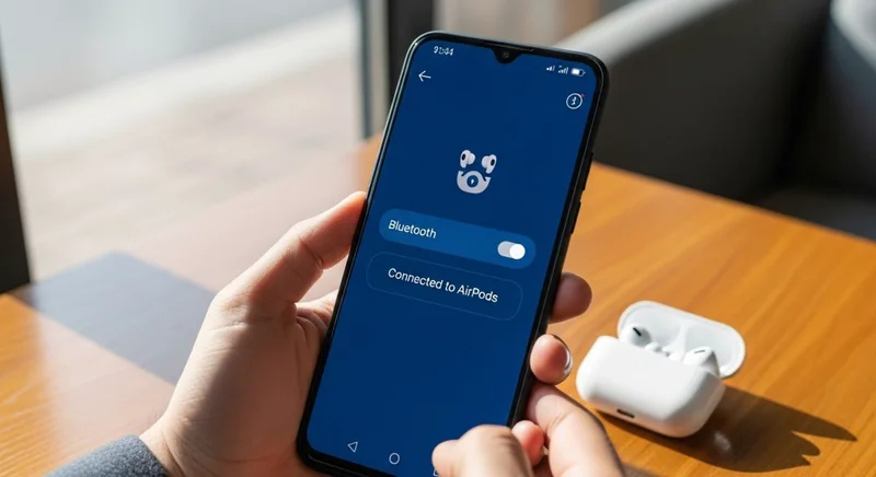 Manos sosteniendo smartphone Android con conexión a AirPods en pantalla