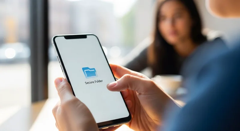 Manos sosteniendo smartphone Android con ícono