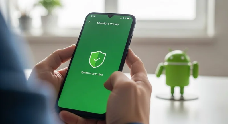 Manos sosteniendo smartphone Android mostrando ajustes de Seguridad y Privacidad