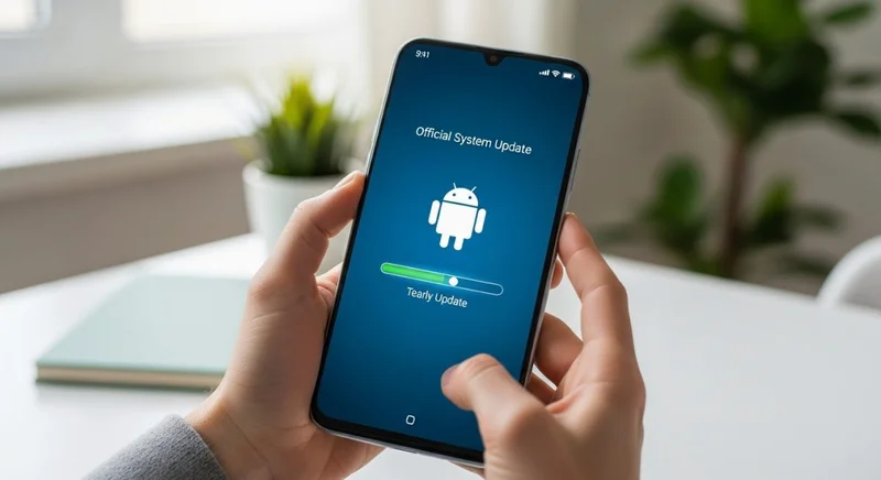 Manos sosteniendo smartphone con interfaz de actualización del sistema Android