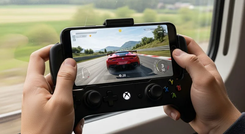 Manos sosteniendo smartphone con juego de carreras en controlador móvil