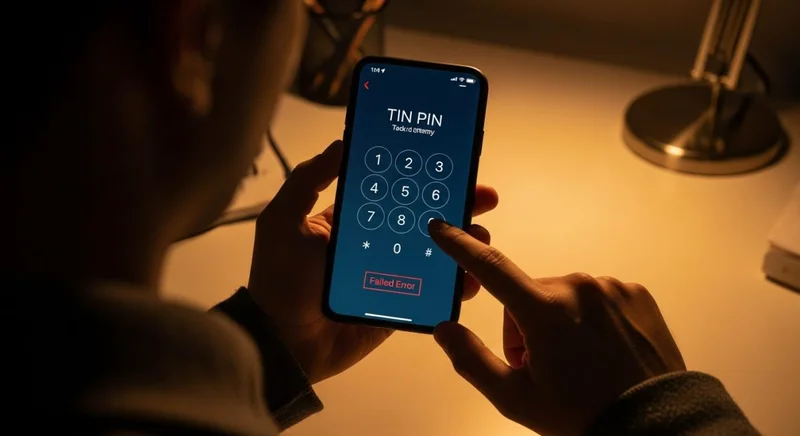 Manos sosteniendo smartphone con mensaje de error sobre ingreso PIN