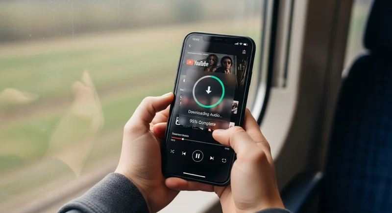 Manos sosteniendo smartphone con YouTube y barra de descarga