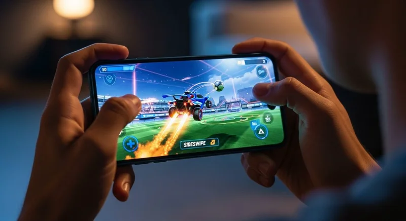 Manos sosteniendo smartphone horizontal con juego Rocket League Sideswipe