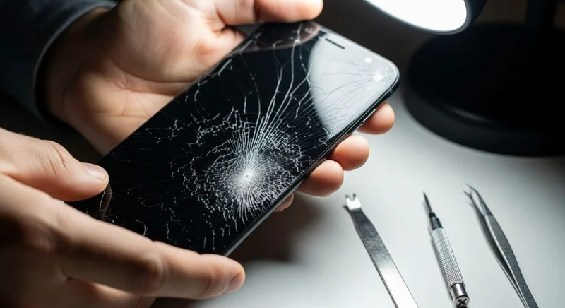 Manos sosteniendo smartphone moderno con pantalla severamente agrietada bajo luz
