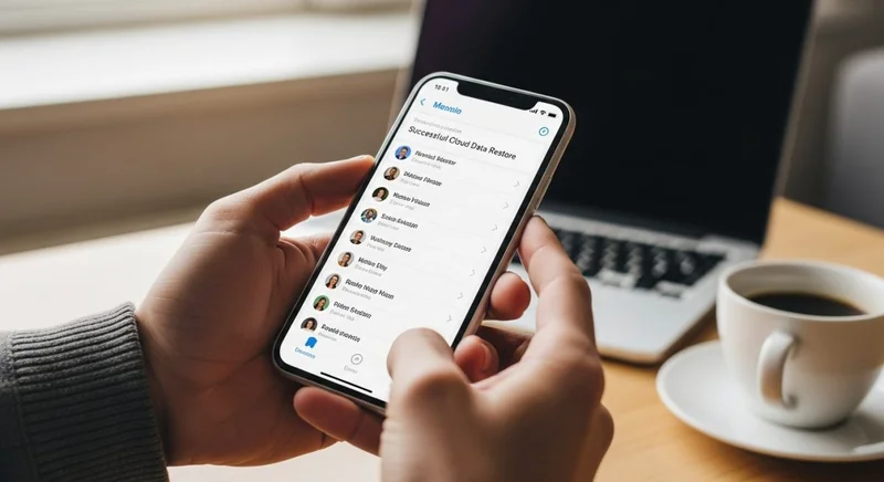 Manos sosteniendo smartphone moderno mostrando lista de contactos restaurándose