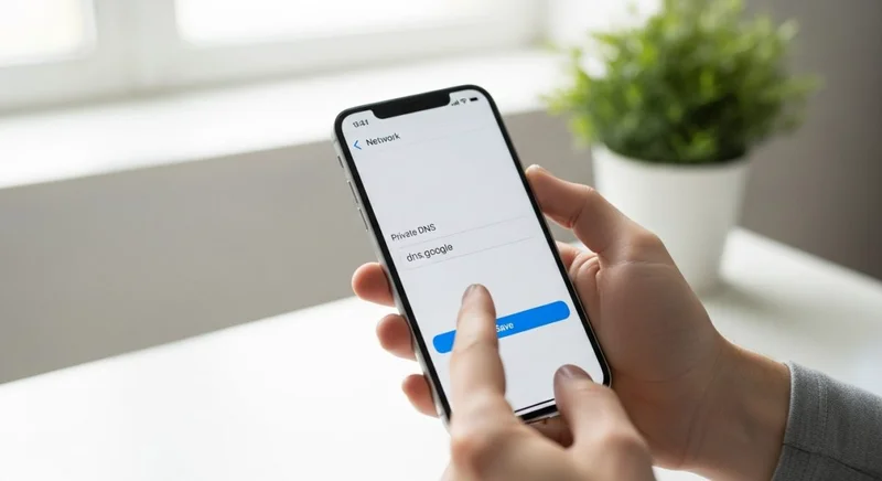 Manos sosteniendo smartphone mostrando configuración DNS en oficina minimalista
