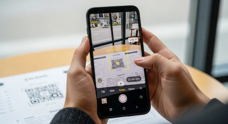 Manos sosteniendo smartphone Samsung escaneando menú con código QR