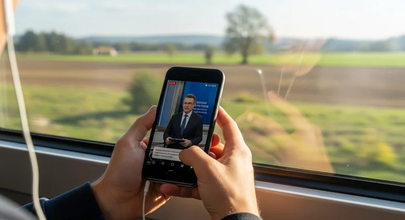 Manos sosteniendo smartphone viendo tv en tren en movimiento