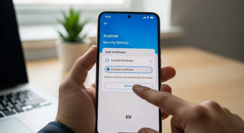 Manos sosteniendo smartphone Xiaomi en ajustes de seguridad Android