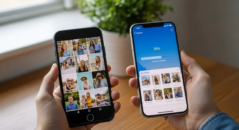 Manos sosteniendo un Android y un iPhone mostrando interfaz realista