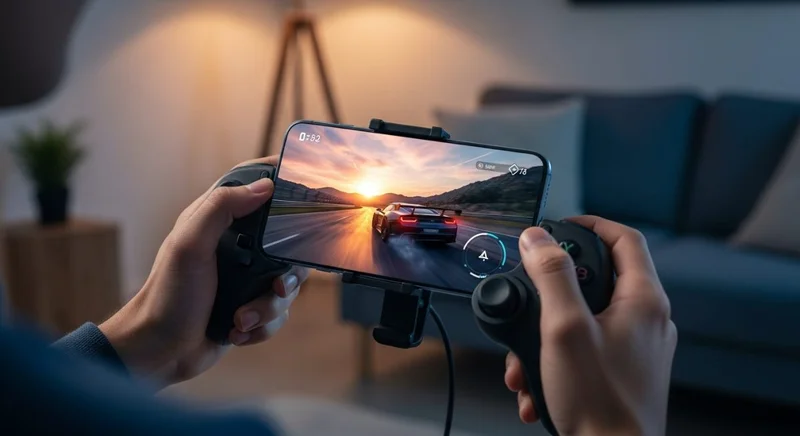 Manos sosteniendo un controlador de juegos inalámbrico y smartphone Android