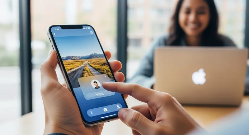 Manos sosteniendo un iPhone compartiendo foto mediante AirDrop