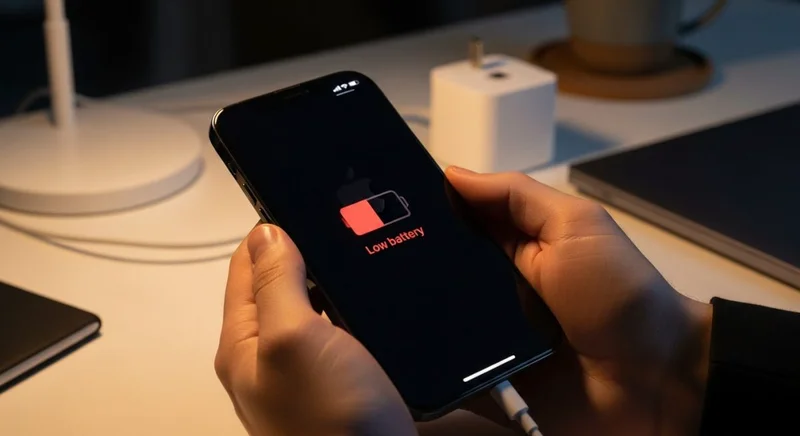 Manos sosteniendo un iPhone con bajo nivel de batería y logo de Apple