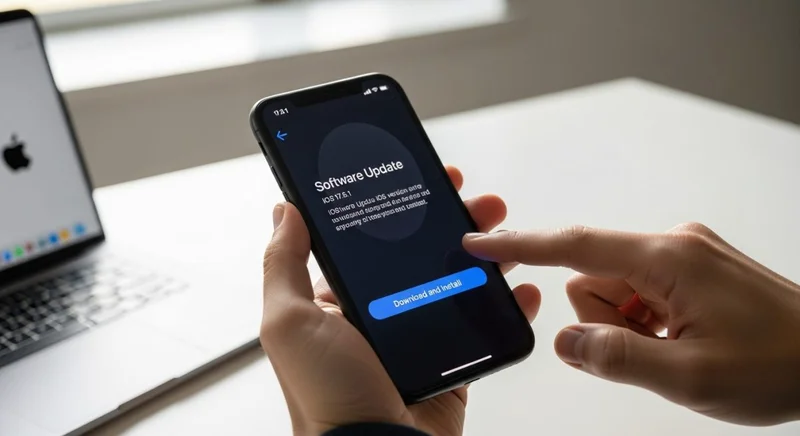 Manos sosteniendo un iPhone con pantalla de actualización iOS Apple