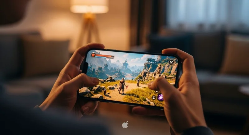 Manos sosteniendo un iPhone con un emocionante juego de fantasía