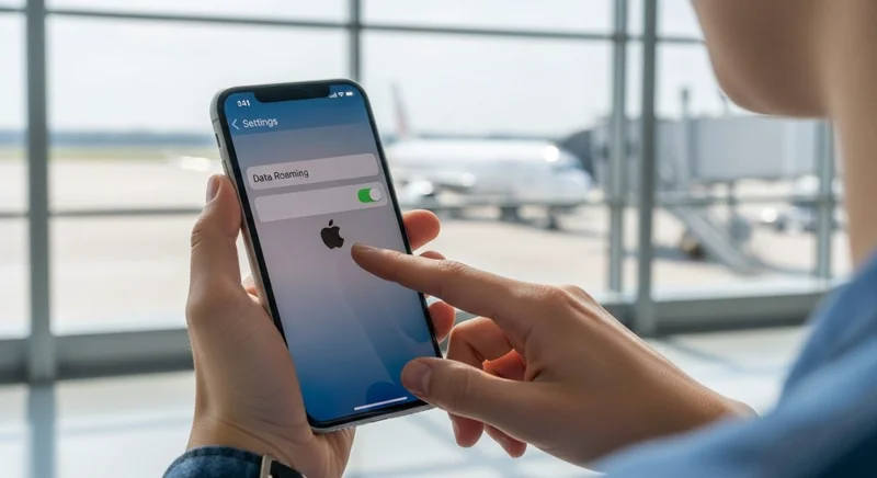 Manos sosteniendo un iPhone en aeropuerto con ajustes de itinerancia