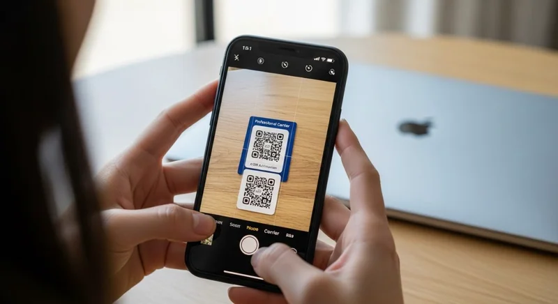 Manos sosteniendo un iPhone escaneando un código QR para eSIM