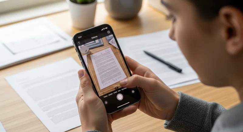 Manos sosteniendo un iPhone mientras escanean documento en oficina hogar