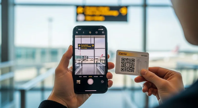 Manos sosteniendo un iPhone moderno en una mano y una tarjeta de carrier con un codigo QR en la otra mano