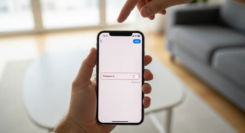 Manos sosteniendo un iPhone mostrando la configuración de Wi-Fi