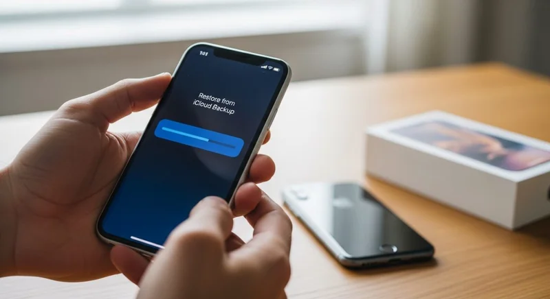 Manos sosteniendo un iPhone nuevo con pantalla de restauración iCloud