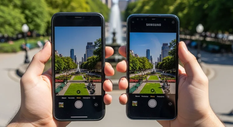 Manos sosteniendo un iPhone y un Samsung comparando cámaras