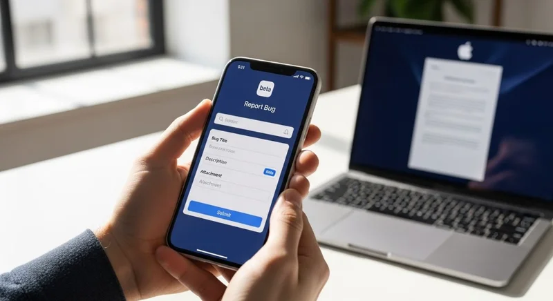 Manos sosteniendo un nuevo iPhone con interfaz de reportar bug