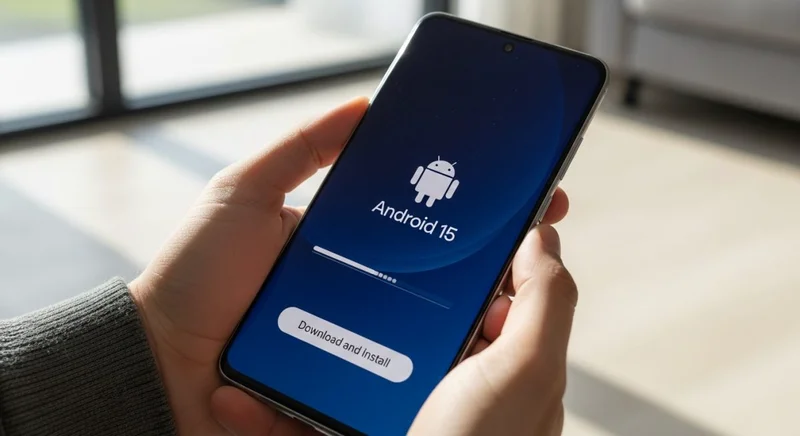 Manos sosteniendo un Samsung Galaxy mostrando Android 15 en pantalla