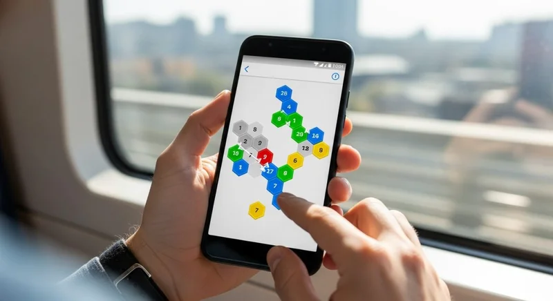 Manos sosteniendo un smartphone Android con complejo juego de lógica