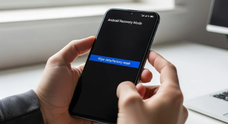 Manos sosteniendo un smartphone Android en modo recuperación de datos