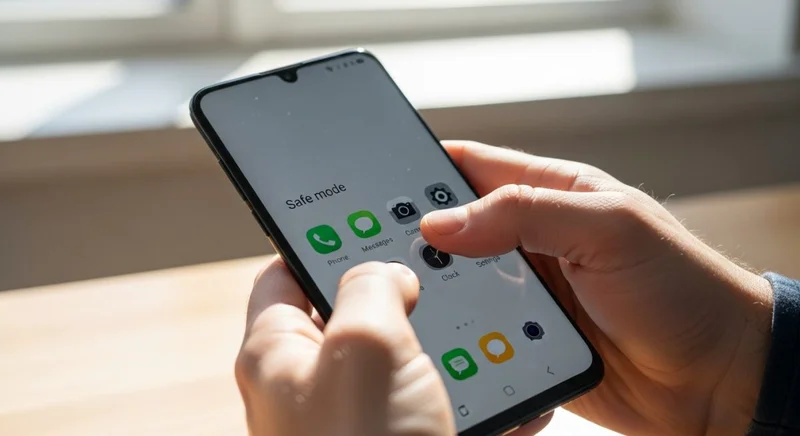 Manos sosteniendo un smartphone Android en modo seguro en pantalla