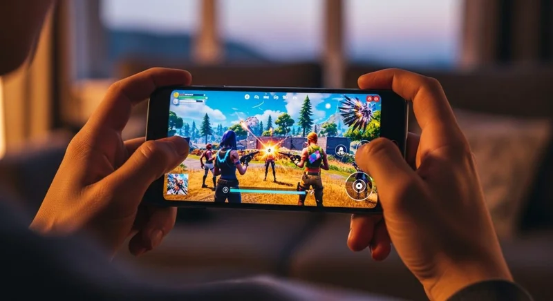 Manos sosteniendo un smartphone Android jugando a Fortnite en casa
