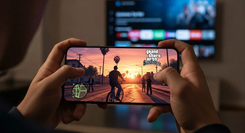 Manos sosteniendo un smartphone Android jugando GTA San Andreas