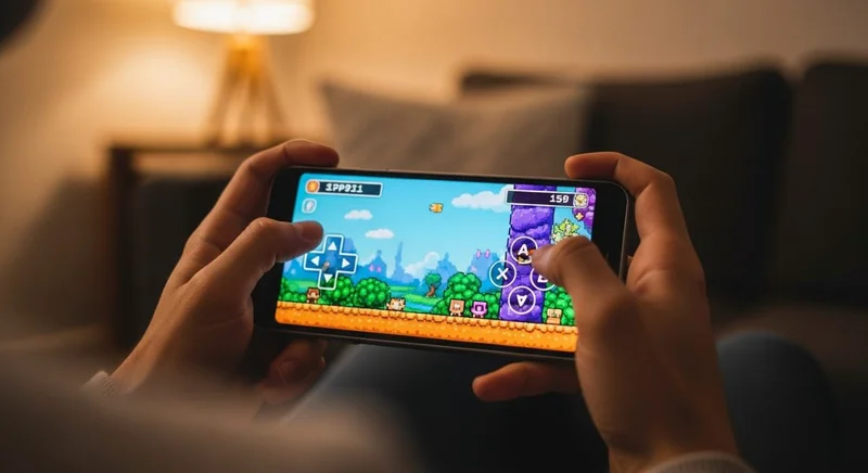 Manos sosteniendo un smartphone Android jugando un juego de 16 bits