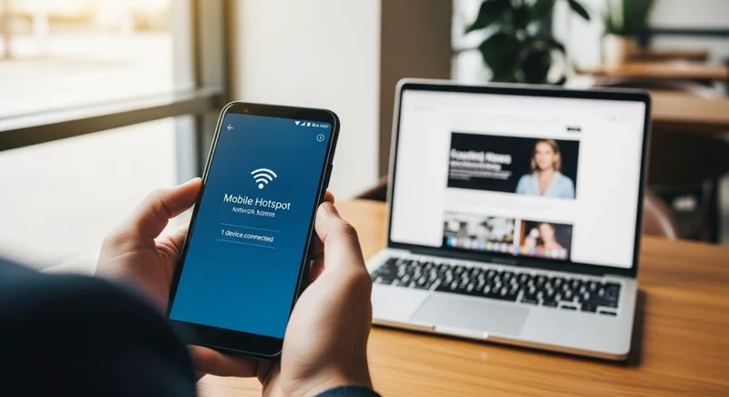 Manos sosteniendo un smartphone Android mostrando ajustes de hotspot móvil