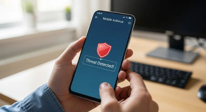 Manos sosteniendo un smartphone Android mostrando alerta de amenaza