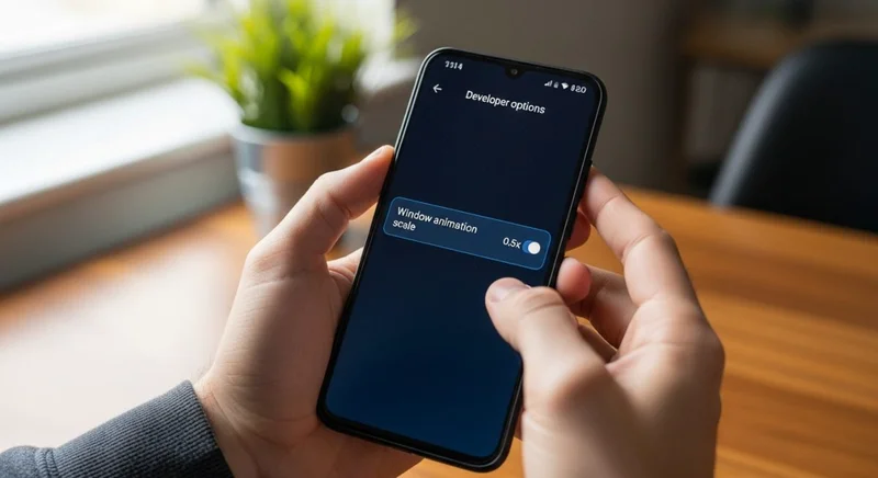 Manos sosteniendo un smartphone Android mostrando menú de opciones para desarrolladores