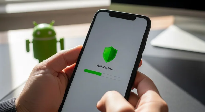 Manos sosteniendo un smartphone Android mostrando pantalla de verificación
