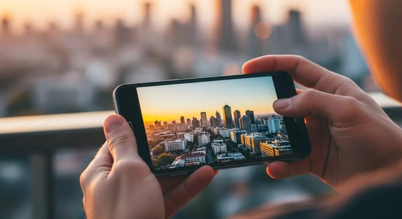 Manos sosteniendo un smartphone Android mostrando una ciudad al atardecer