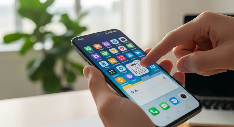 Manos sosteniendo un smartphone Android organizando íconos en pantalla