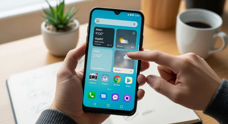 Manos sosteniendo un smartphone Android personalizando la pantalla de inicio