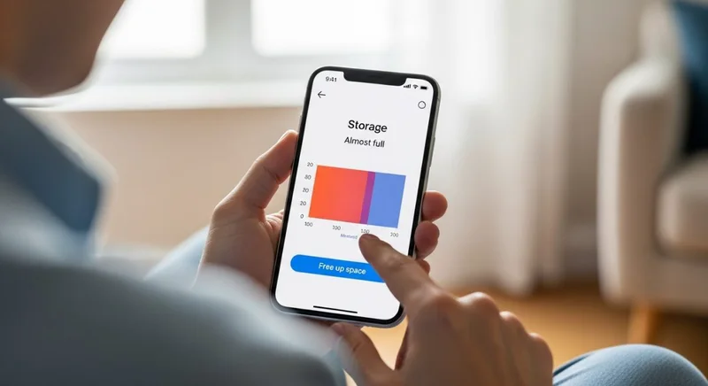 Manos sosteniendo un smartphone con configuración de almacenamiento en pantalla