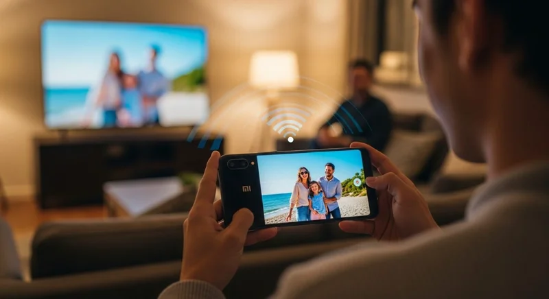 Manos sosteniendo un smartphone con logo Mi mostrando fotos en televisor